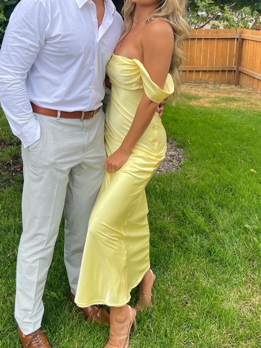 PrettyLittleThing Pale Yellow Satin Off-Shoulder Maxi Dress